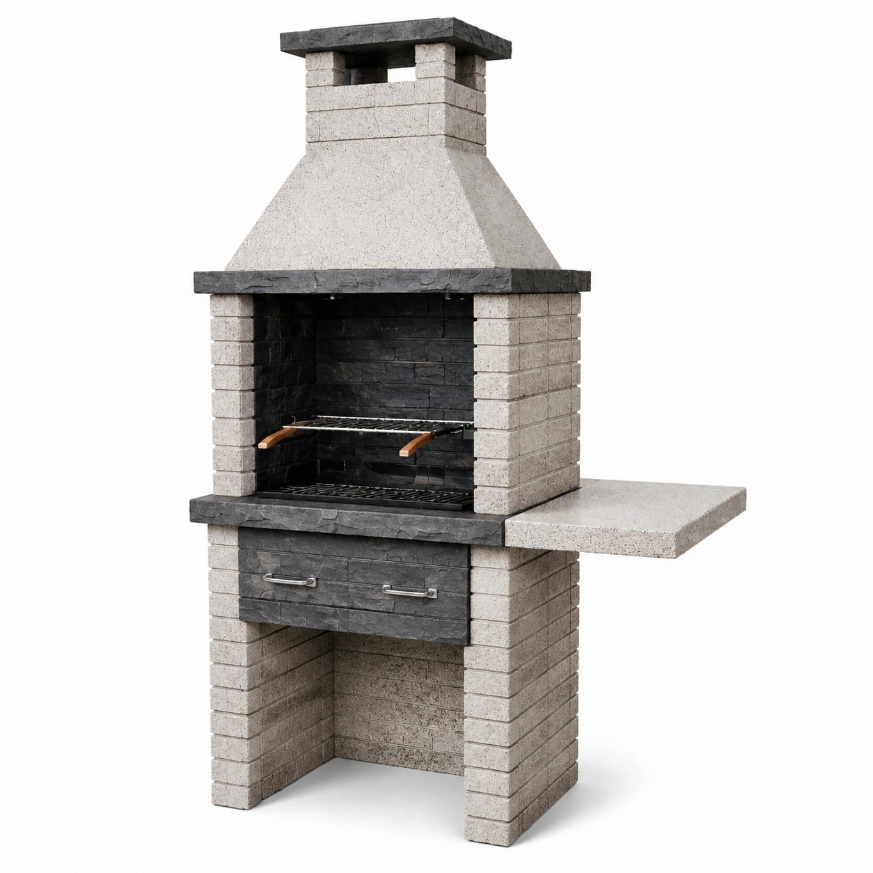 Barbecue in pietra refrattaria e acciaio con ripiano laterale, 200 cm x 120 cm x 60 cm, grigio/nero