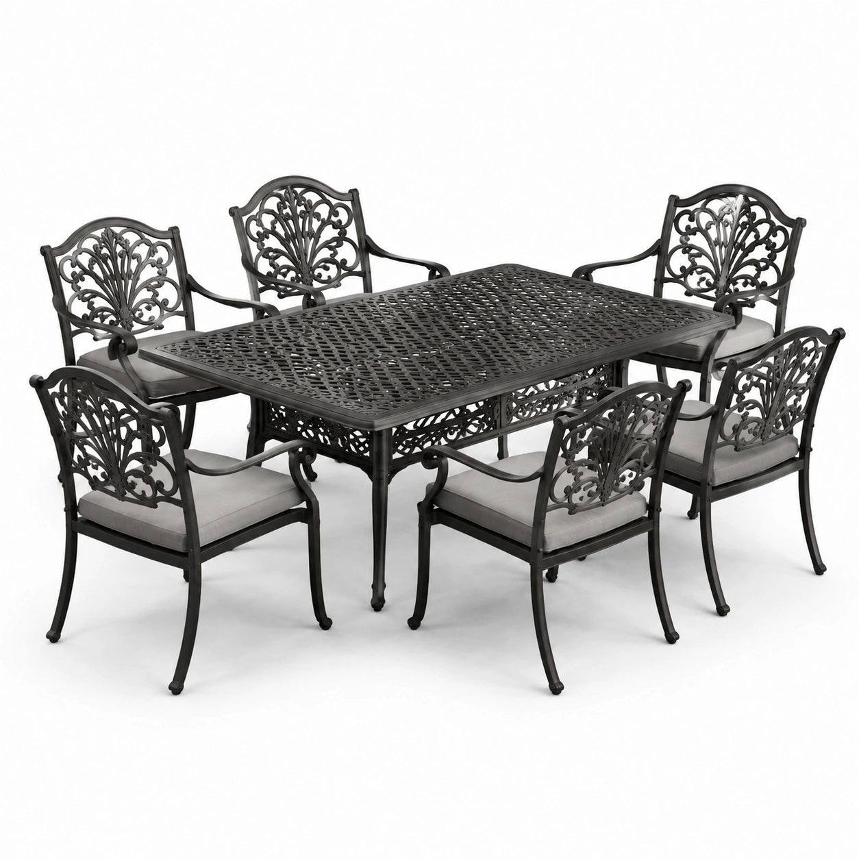 Set tavolo e 6 sedie da esterno in alluminio nero con cuscini in poliestere grigio