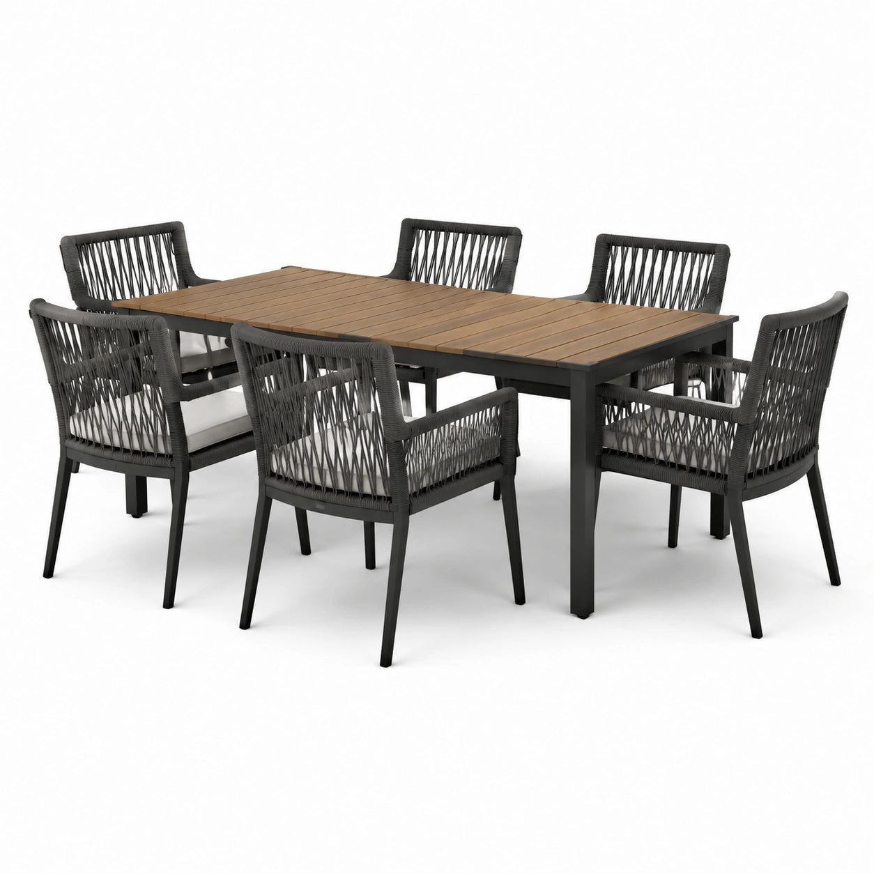 Set da pranzo da giardino in legno e metallo con 6 sedie in corda