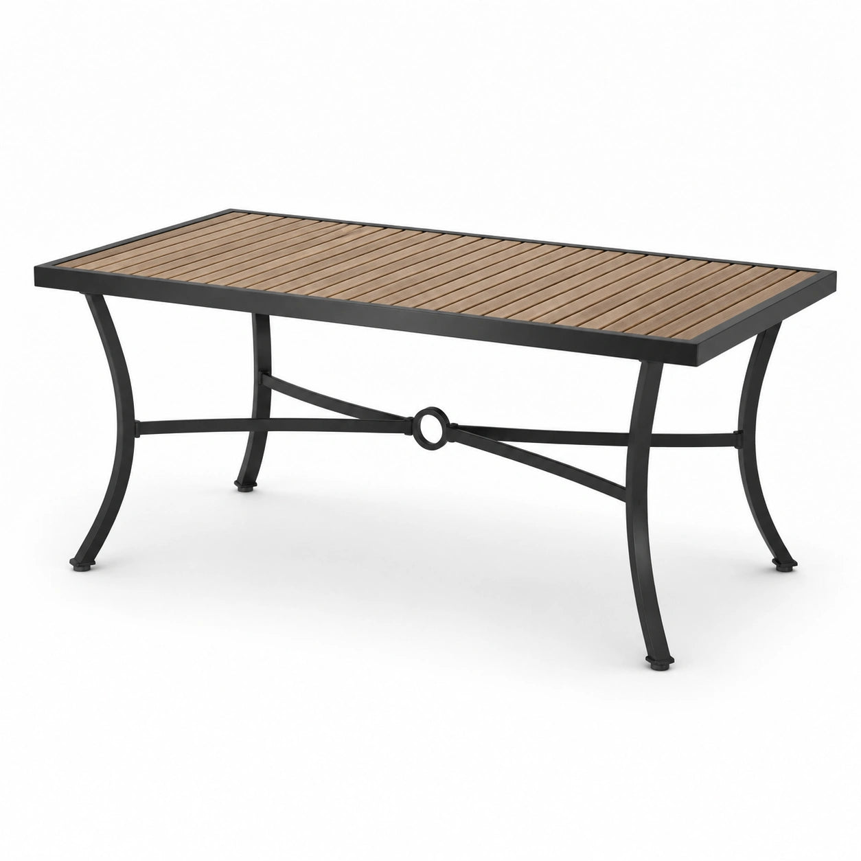 Tavolo da giardino rettangolare in legno e metallo verniciato 150x90x75 cm marrone/nero