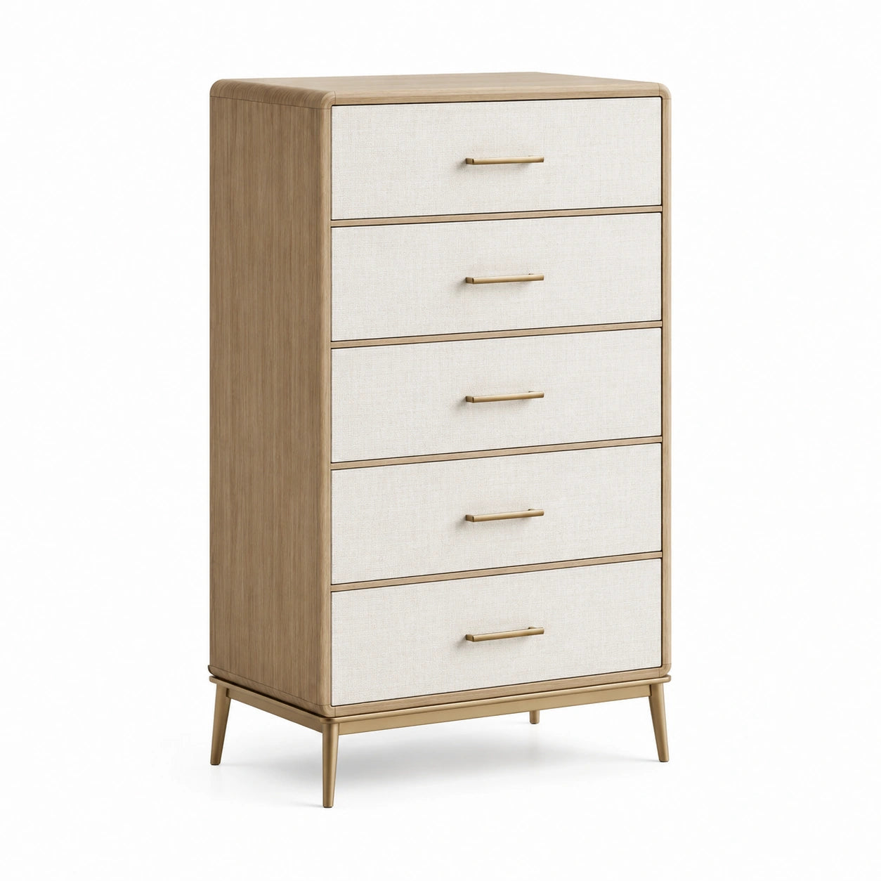 Cassettiera alta 5 cassetti legno e lino bianco e beige