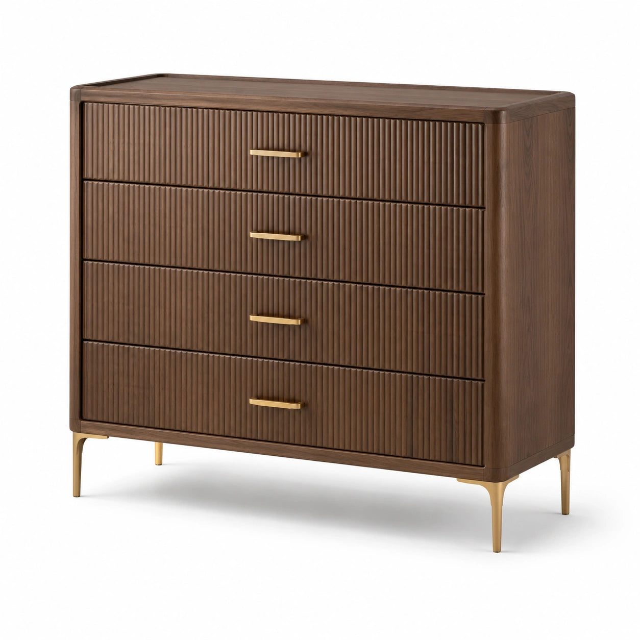 Cassettiera in legno con gambe in metallo dorato e 4 cassetti