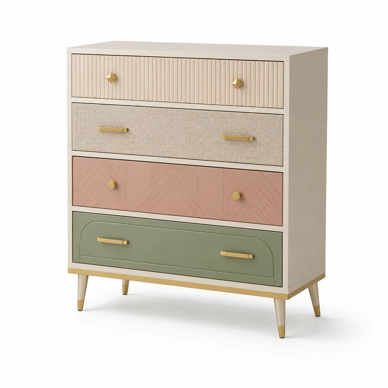 Cassettiera Multicolore in Legno con Gambe e Maniglie Oro
