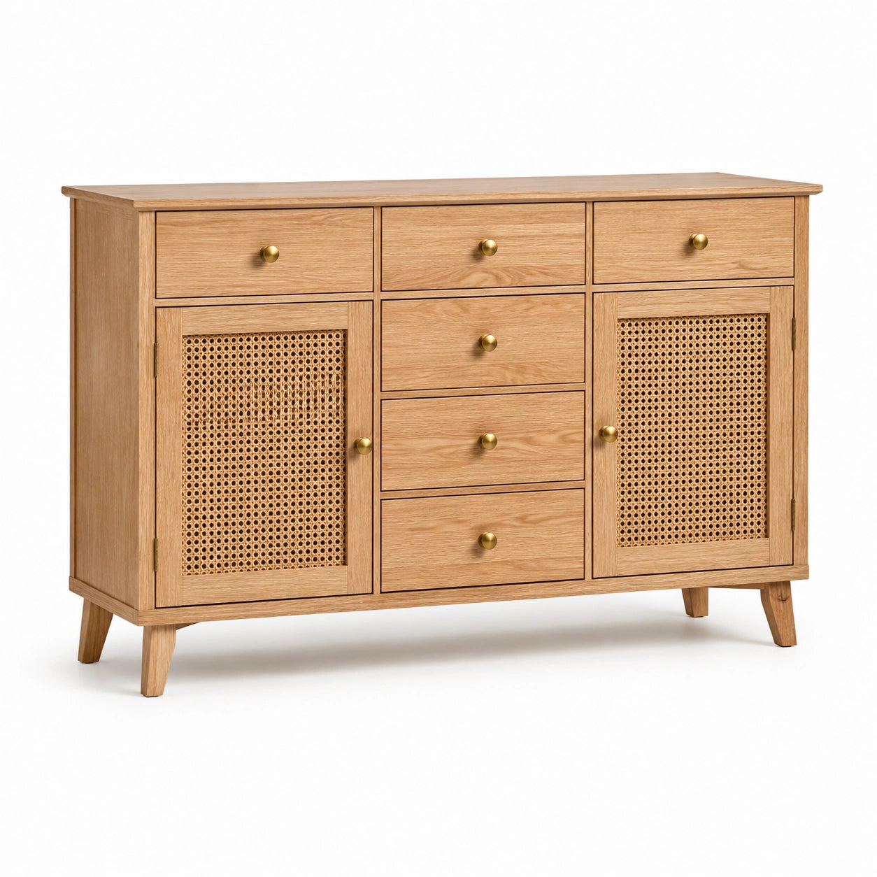 Credenza in legno e rattan con maniglie in ottone, 140x40x80 cm