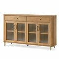 Credenza in legno di quercia con vetro scanalato e piedini in metallo, 150x40x80 cm