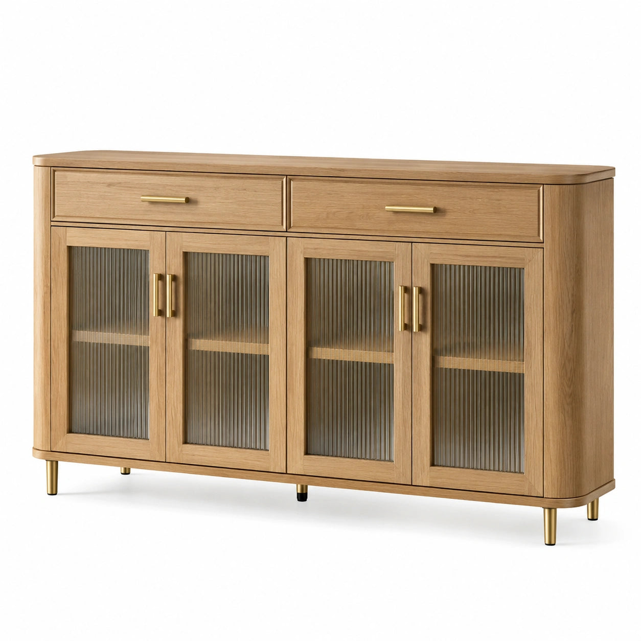 Credenza in legno di quercia con vetro scanalato e piedini in metallo, 150x40x80 cm