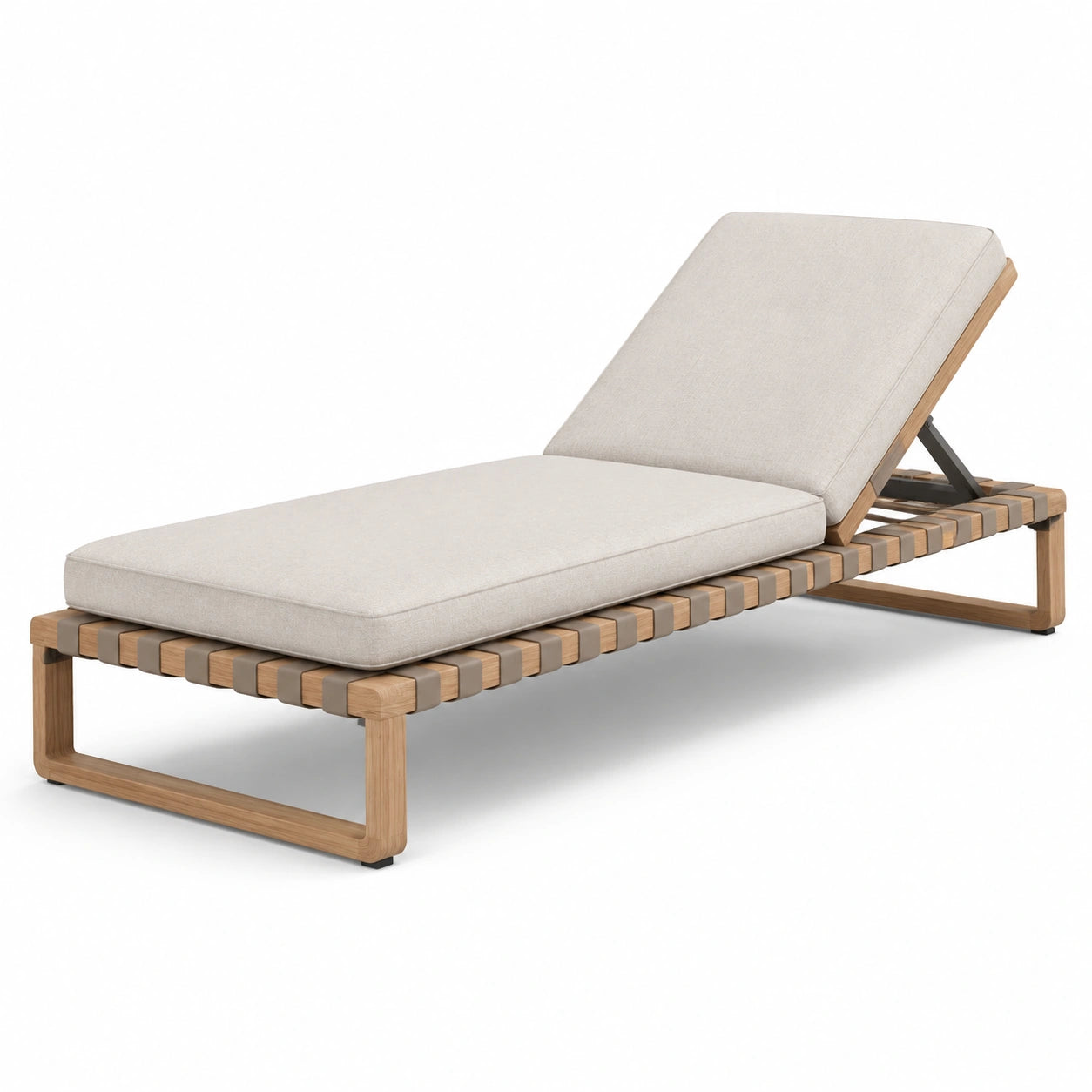 Lettino prendisole in legno di teak con cuscino beige