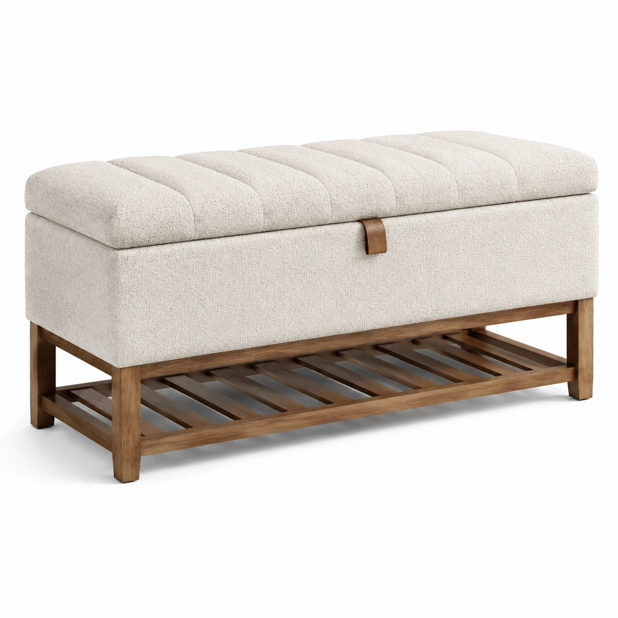 Panca contenitore in tessuto di poliestere beige con base in legno