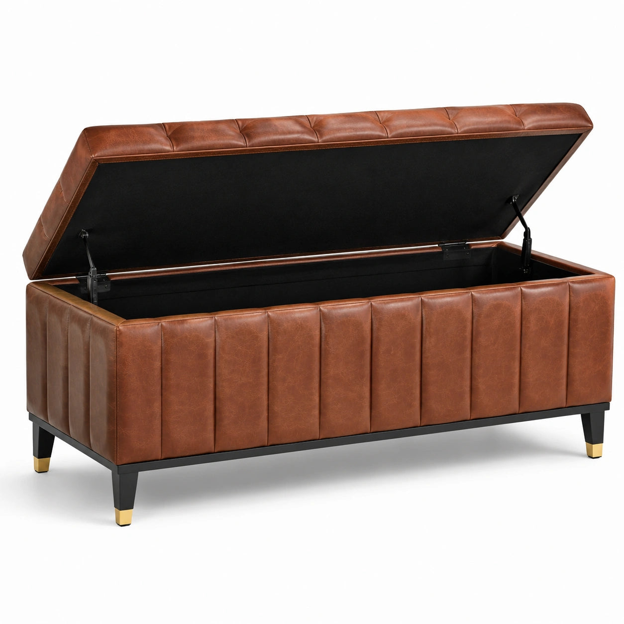 Panca contenitore in pelle sintetica marrone con gambe in legno 120x40x45 cm