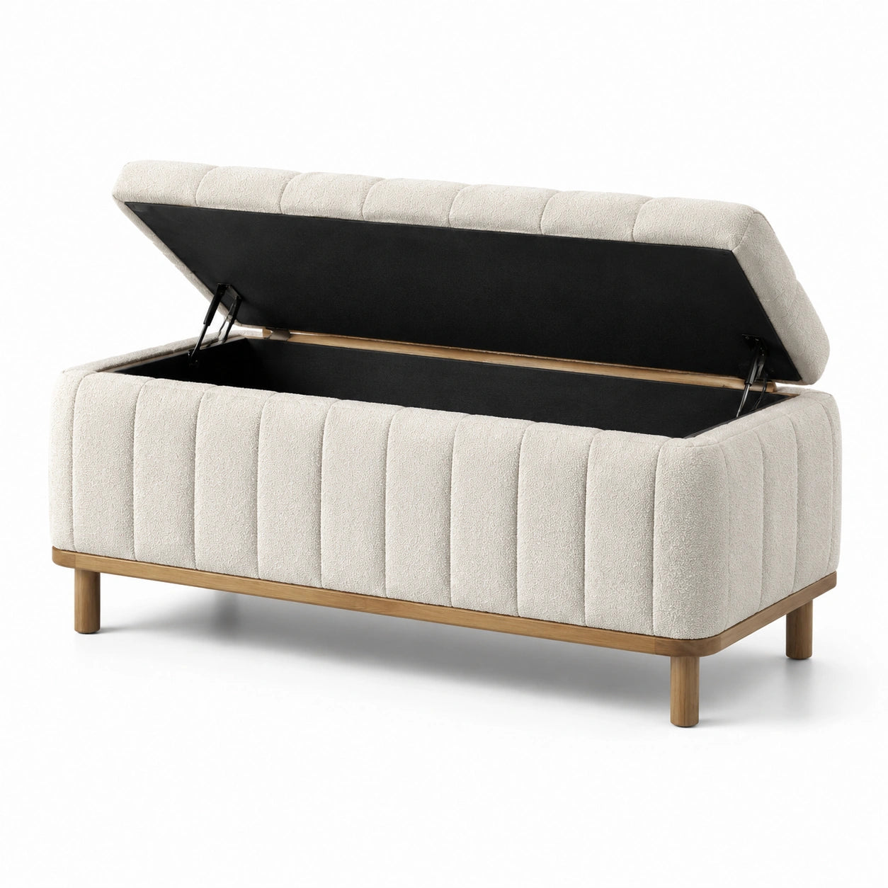 Panca contenitore in tessuto beige e legno massello