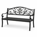 Panchina da giardino in metallo nero con schienale decorato