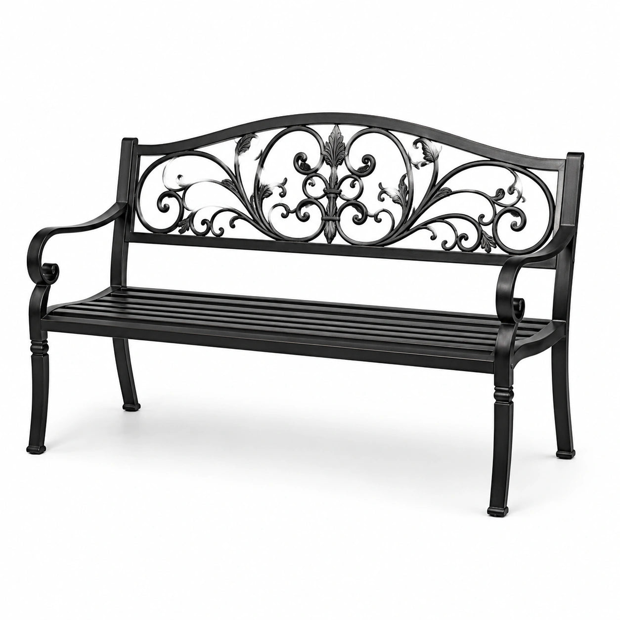 Panchina da giardino in metallo nero con schienale decorato
