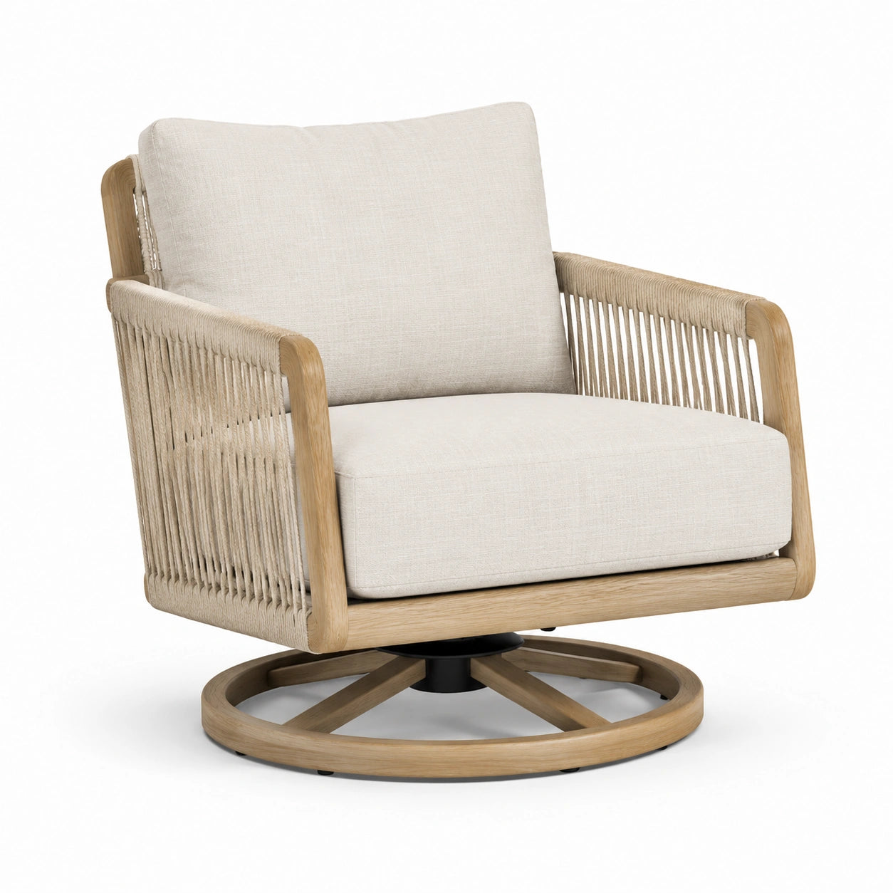 Poltrona girevole in legno e tessuto beige